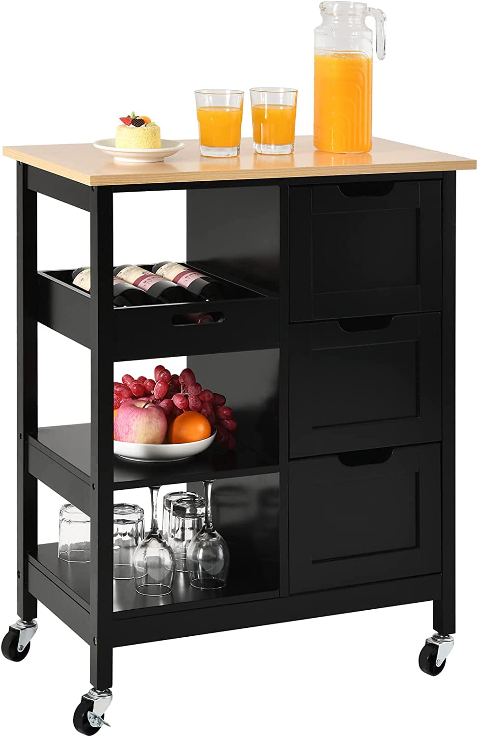 DWVO Mobile Rolling Kitchen Island Cart with Cabinet and Drawers and Towel Bar with 3 Drawers and 3 Storage Shelves， Black