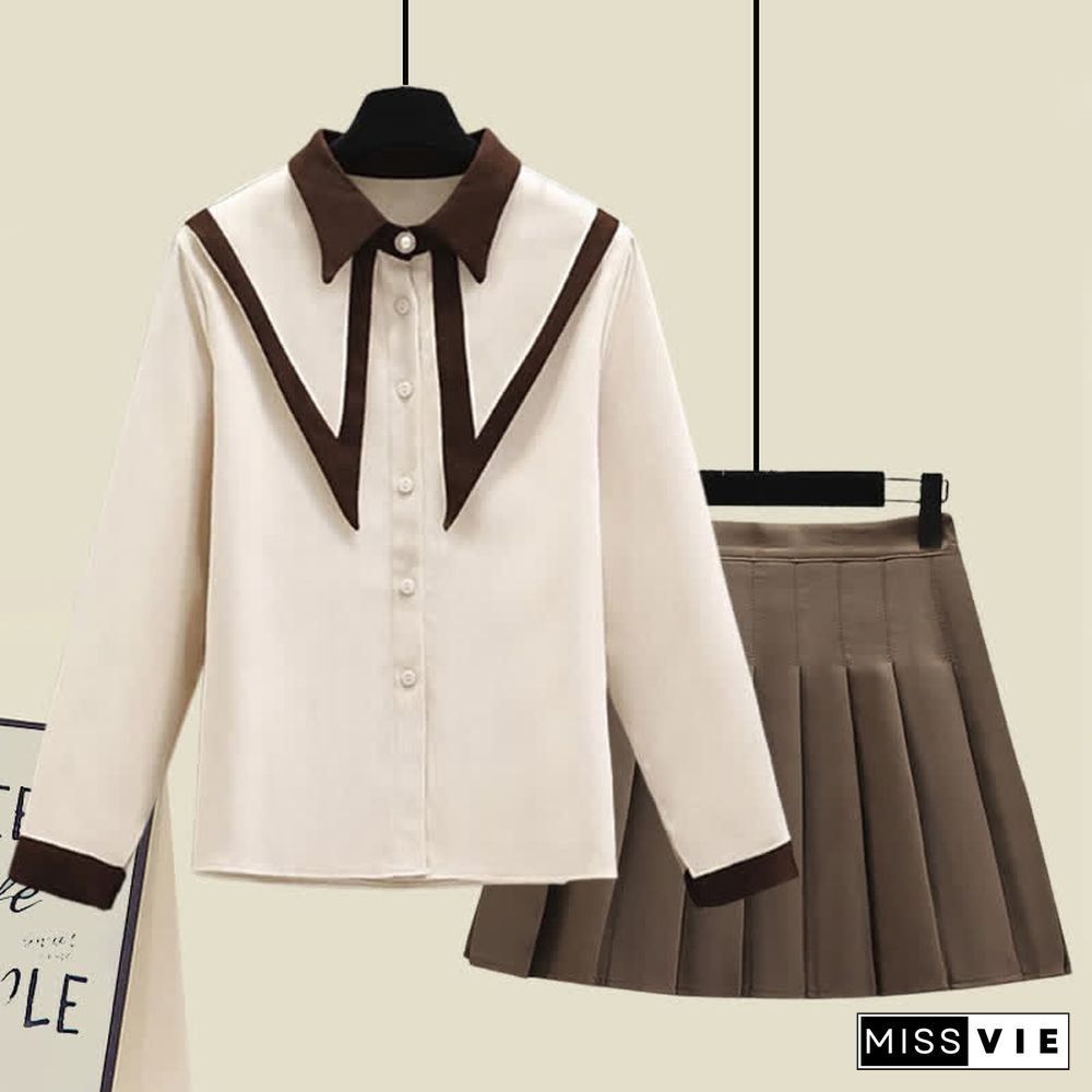 Lapel Shirt Pleated Skirt Two Piece Set