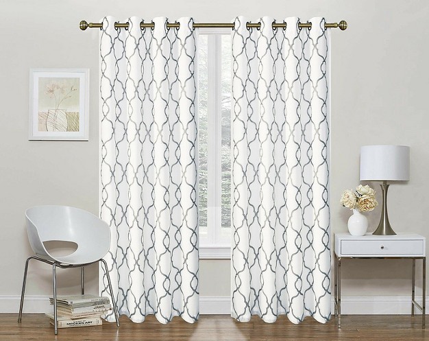 Kate Aurora 2 Pack Geo Trellis Double Layered Sheer Embroidered Grommet Curtains