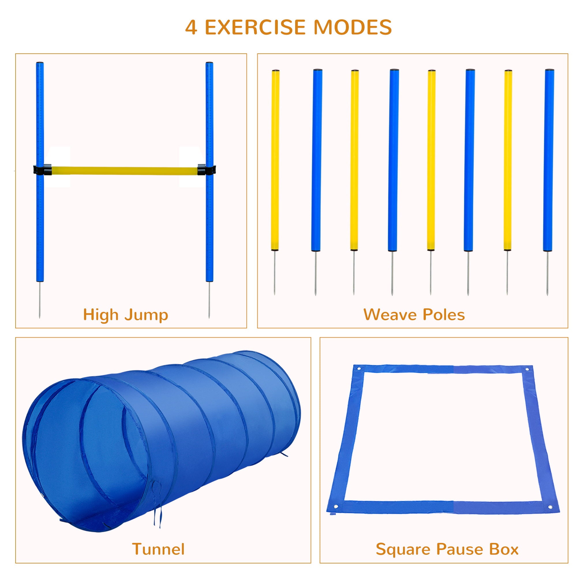 Pawhut 4PC Obstacle Dog Agility Training Course Kit Backyard Competitive Equipment- Blue， Yellow