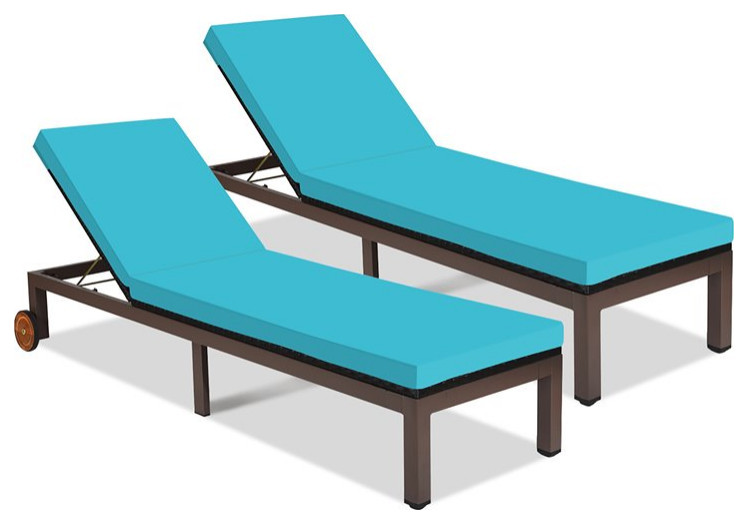 Costway 2 Pieces Adjustable Rattan Patio Lounge Chair with Wheels in Turquoise   Contemporary   Outdoor Chaise Lounges   by Homesquare  Houzz