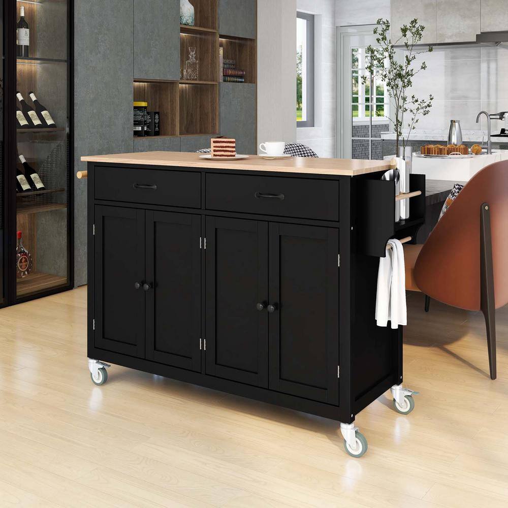 Black Wood Kitchen Island Cart with 2-Drawers and Locking Wheels BF1663C250