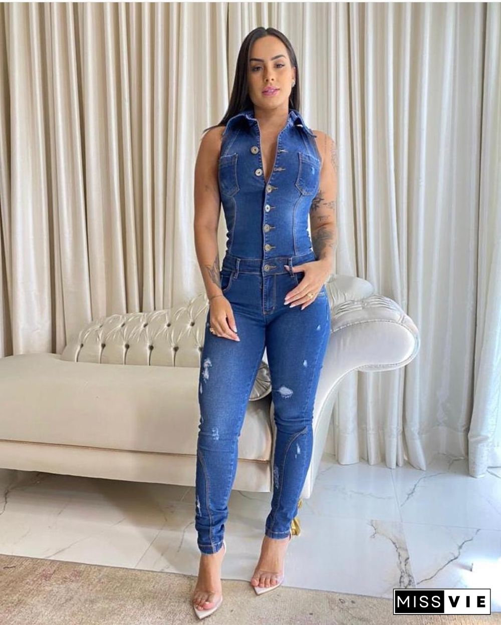 Casual Button Down Sleeveless Skinny Denim Jumpsuit