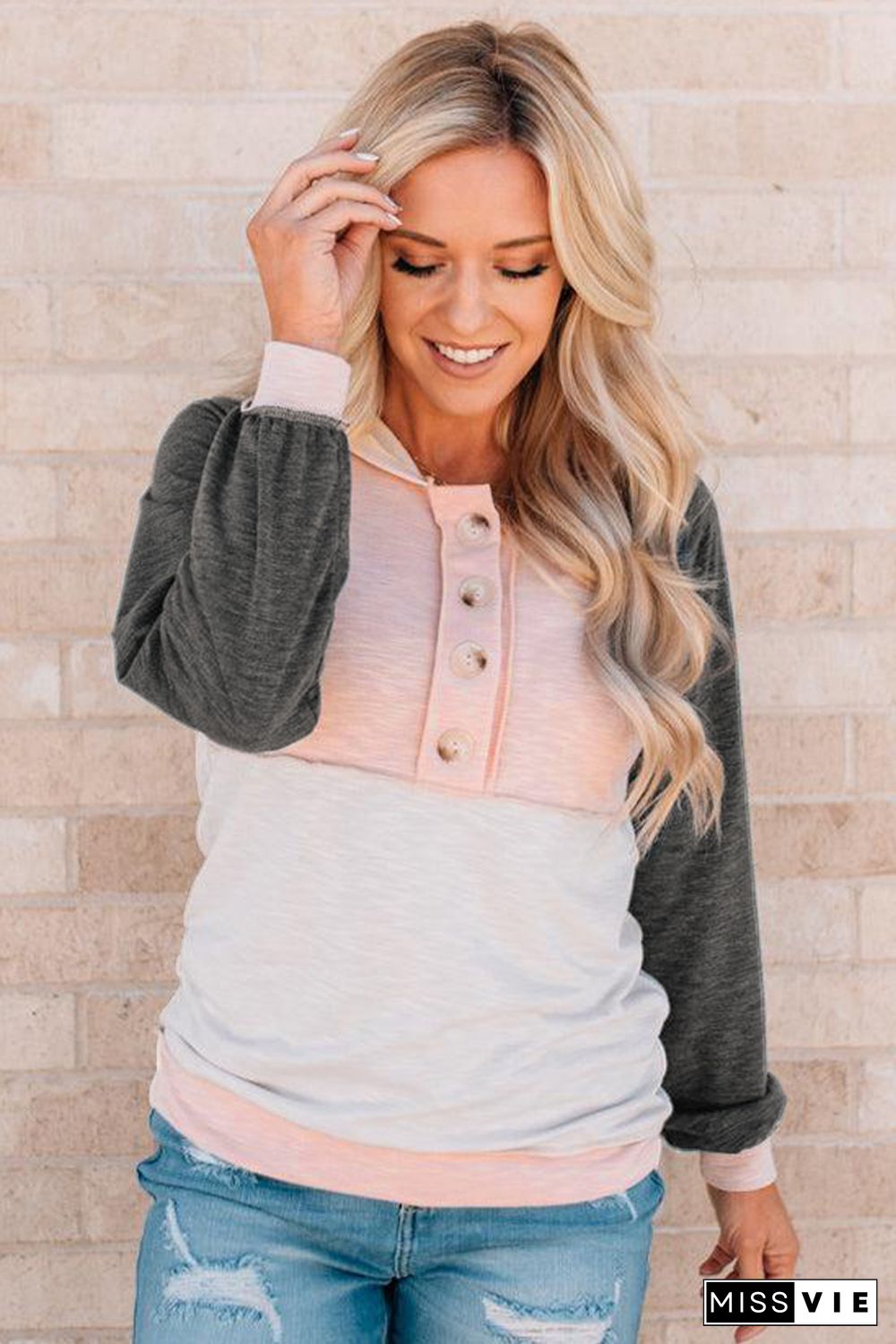 Gray Colorblock Button Accent Pullover Hoodie