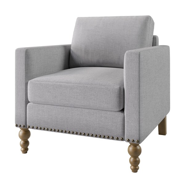 Linen Armchair Accent Chair with Bronze Nailhead Trim Wooden Legs Single Sofa Couch