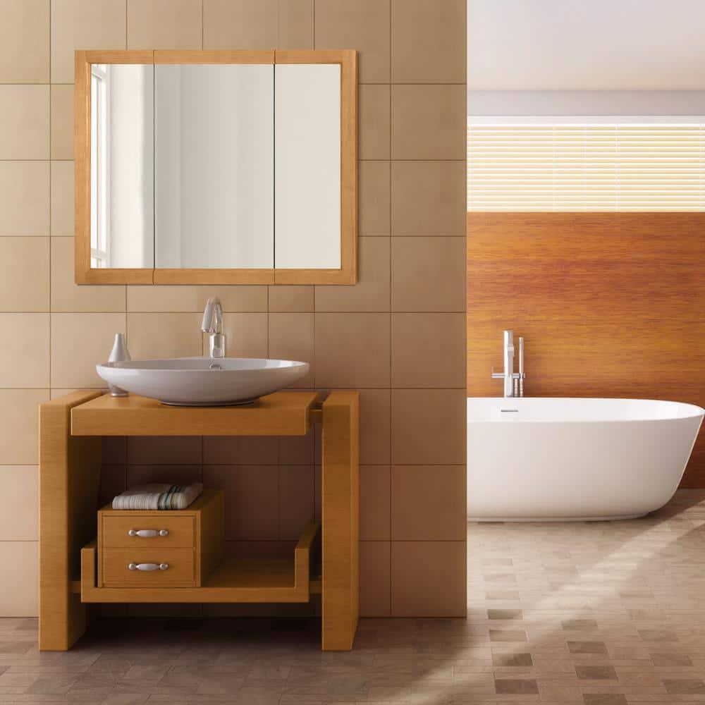 Design House Richland 36 in W x 30 in H x 445 in D Framed TriView SurfaceMount Bathroom Medicine Cabinet in Nutmeg Oak