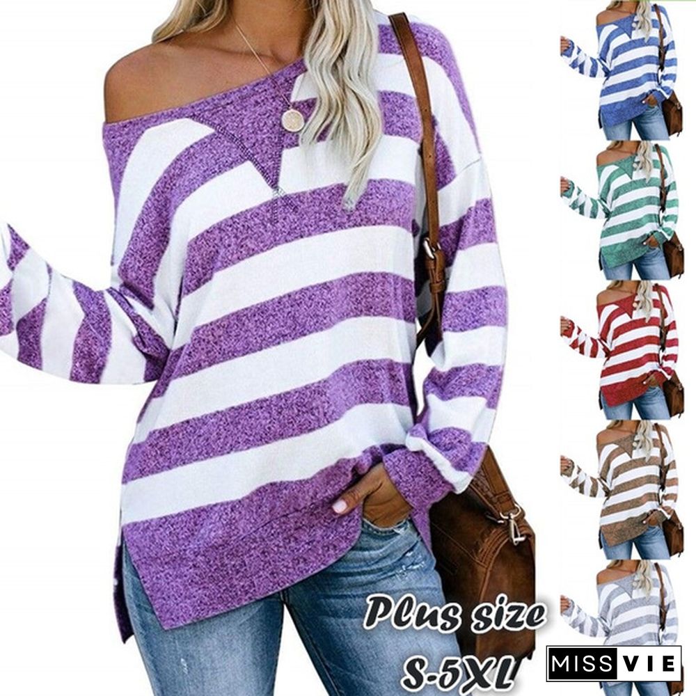 New Women Fashion Long Sleeve O Neck Striped Loose Plus Size Spring Pullover T-shirt Blouse