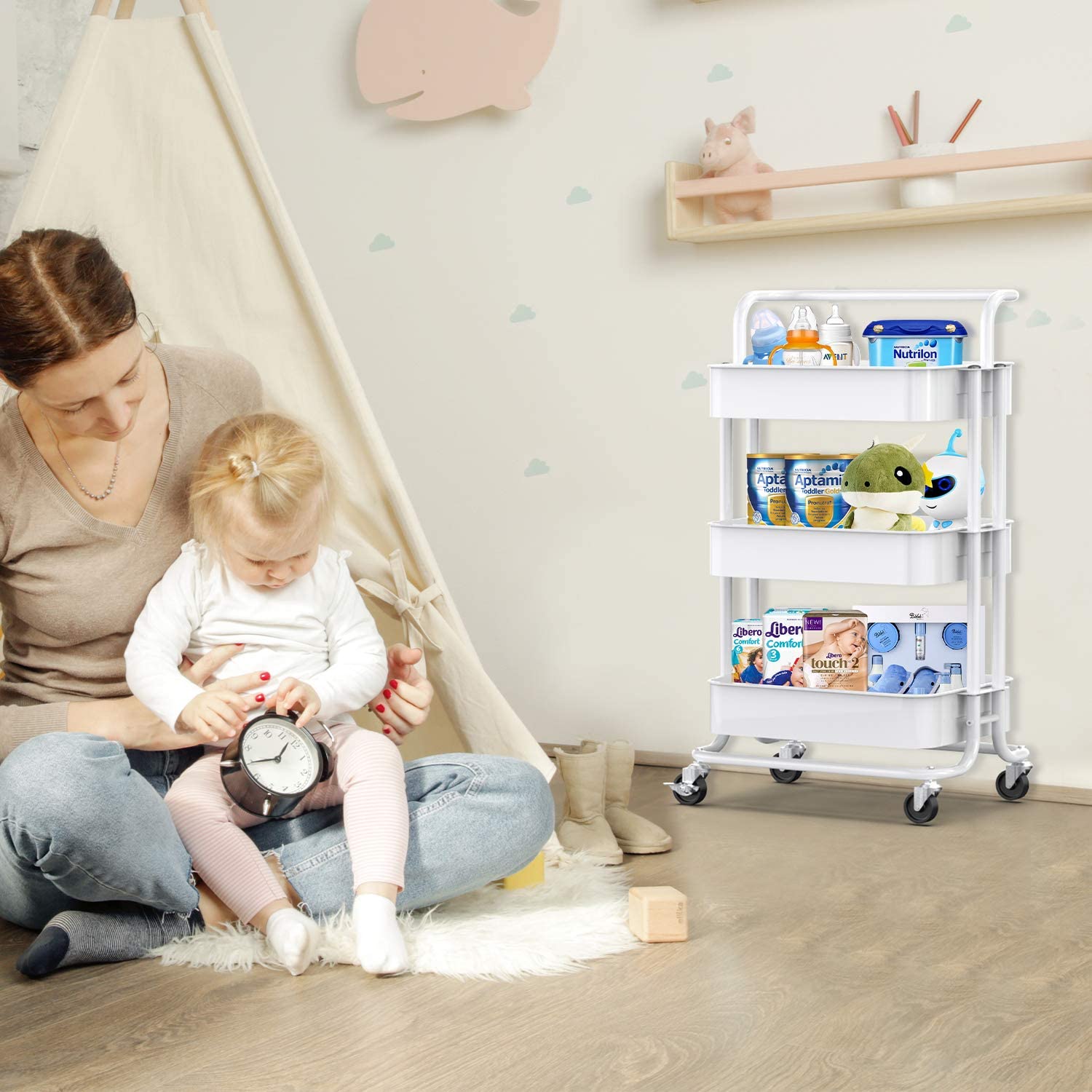 3-Tier Rolling Kitchen Cart， Home Kitchen Storage Utility Cart with Handle， Bathroom Organizer Cart on Wheels， White