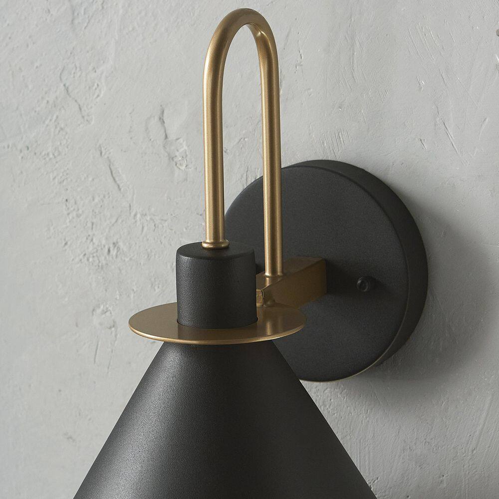 Home Decorators Collection Cagney Modern 1-Light Sand Black with Gold Hardwired Outdoor Barn Light Wall Sconce 28230