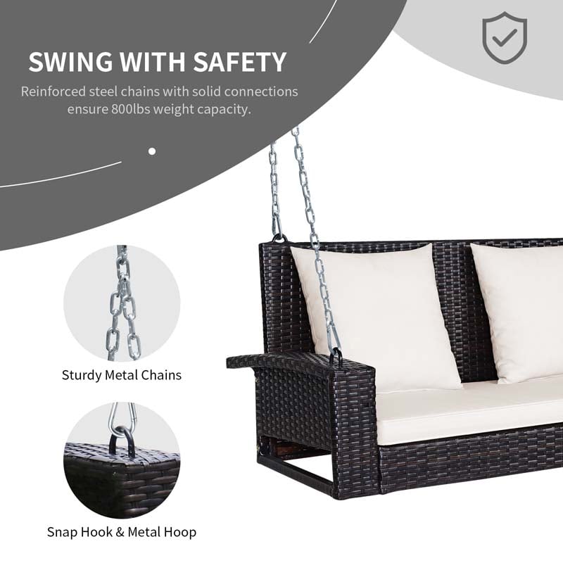 2-Person Rattan Wicker Outdoor Patio Hanging Porch Swing Bench Chair with Sturdy Steel Chain & Cushions