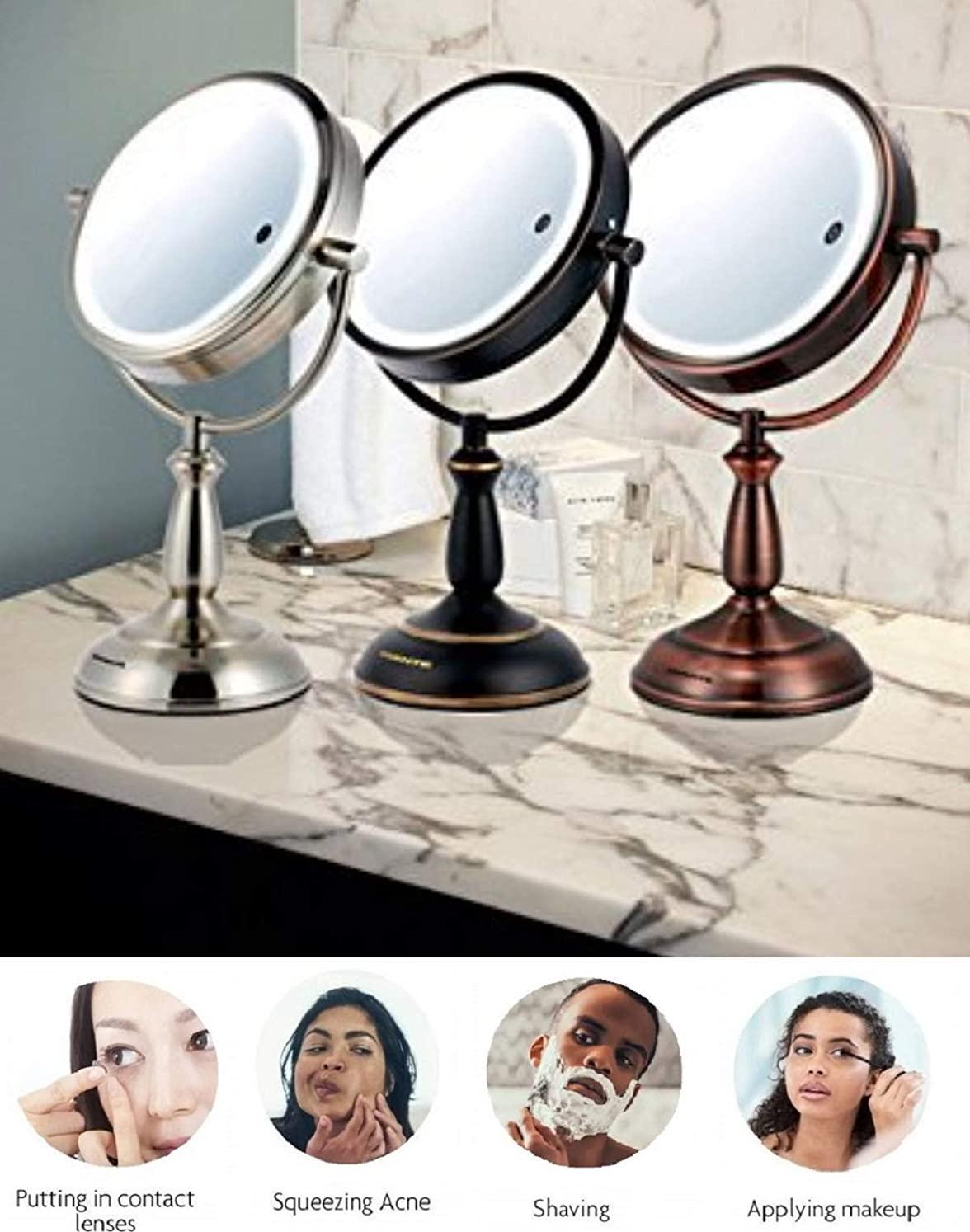 Ovente 75  Lighted Tabletop Vanity Makeup Mirror 1X and 7X Magnifier Spinning Double Sided Round LED 3 Tone Smart Touch Auto Shut Off Timer Battery and AC Plug Operated Nickel Brushed MPT75BR1X7X  Crowdfused