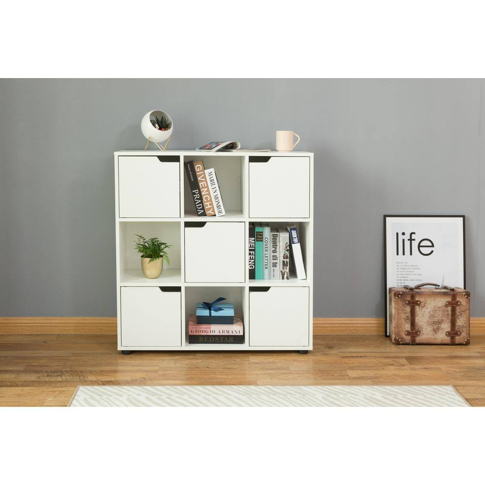 Basicwise 9 Cube Wooden Bookshelf Organizer with 5 Enclosed Doors and 4 Shelves White QI003677W