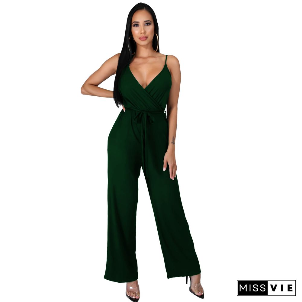 Women Elegant Summer Deep V Neck Sleeveless Solid Color Wide Leg Spaghetti Strap Bandage Jumpsuit