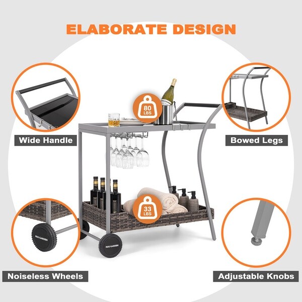 Outdoor 2Tier Wicker Bar Cart on Wheels with Tempered Glass Board