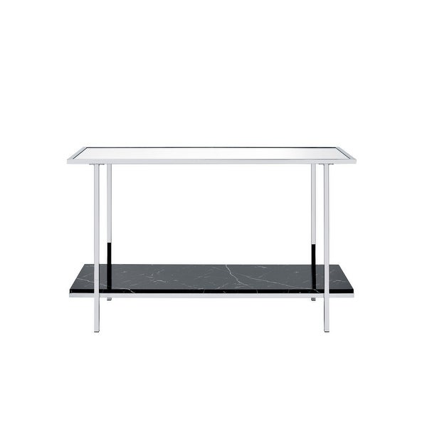 Open Compartment Rectangular console table， Mirrored， Faux Marble and Chrome