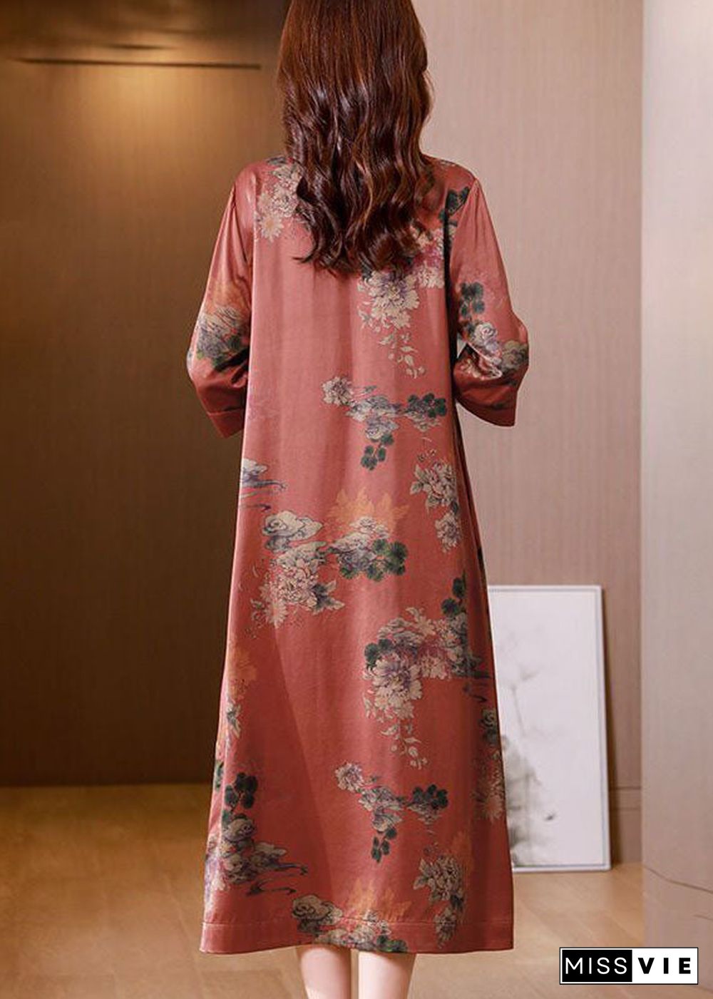 Casual Red V Neck Print Side Open Silk Long Dress Half Sleeve