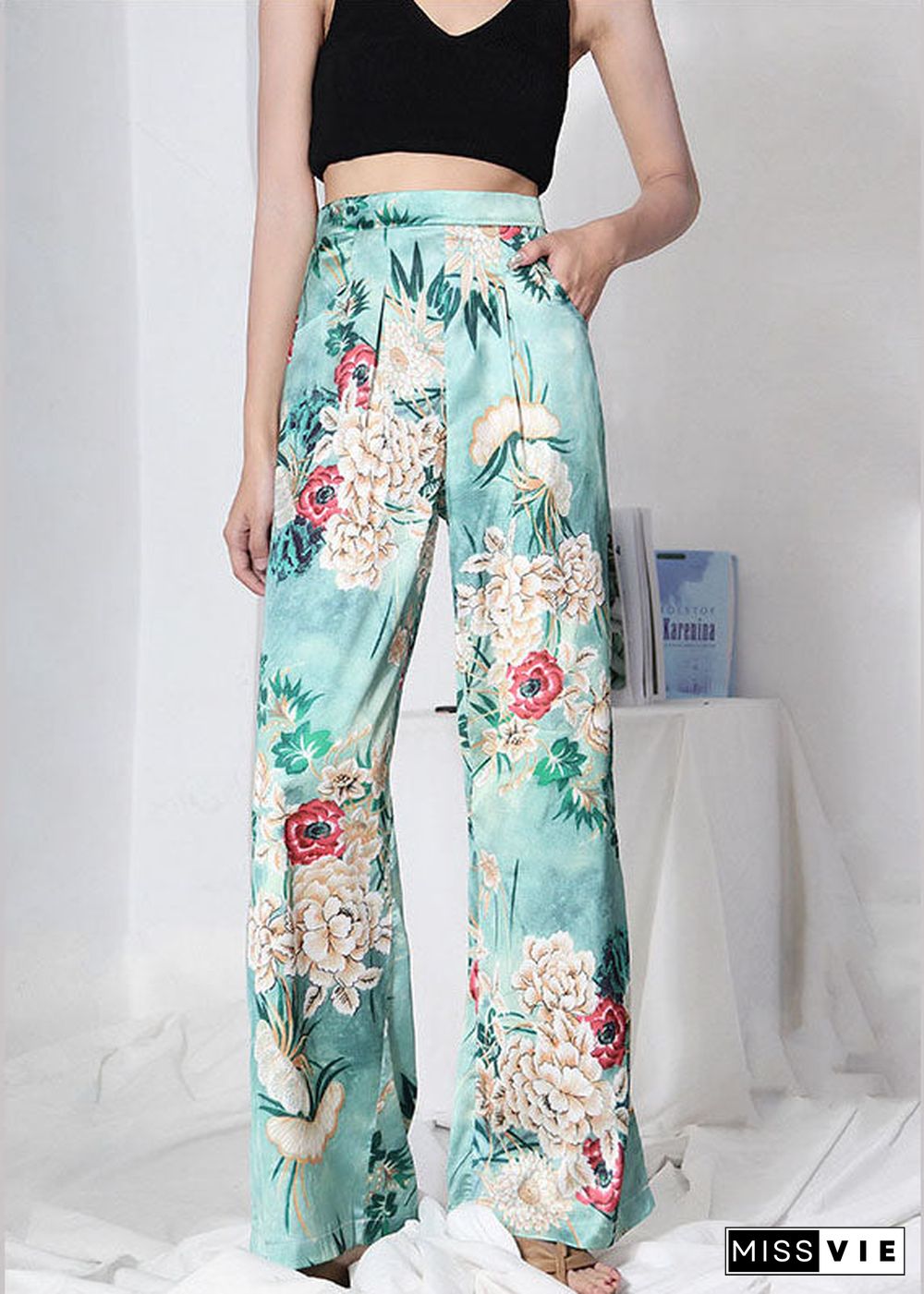 Loose Blue Floral Print Summer Pants