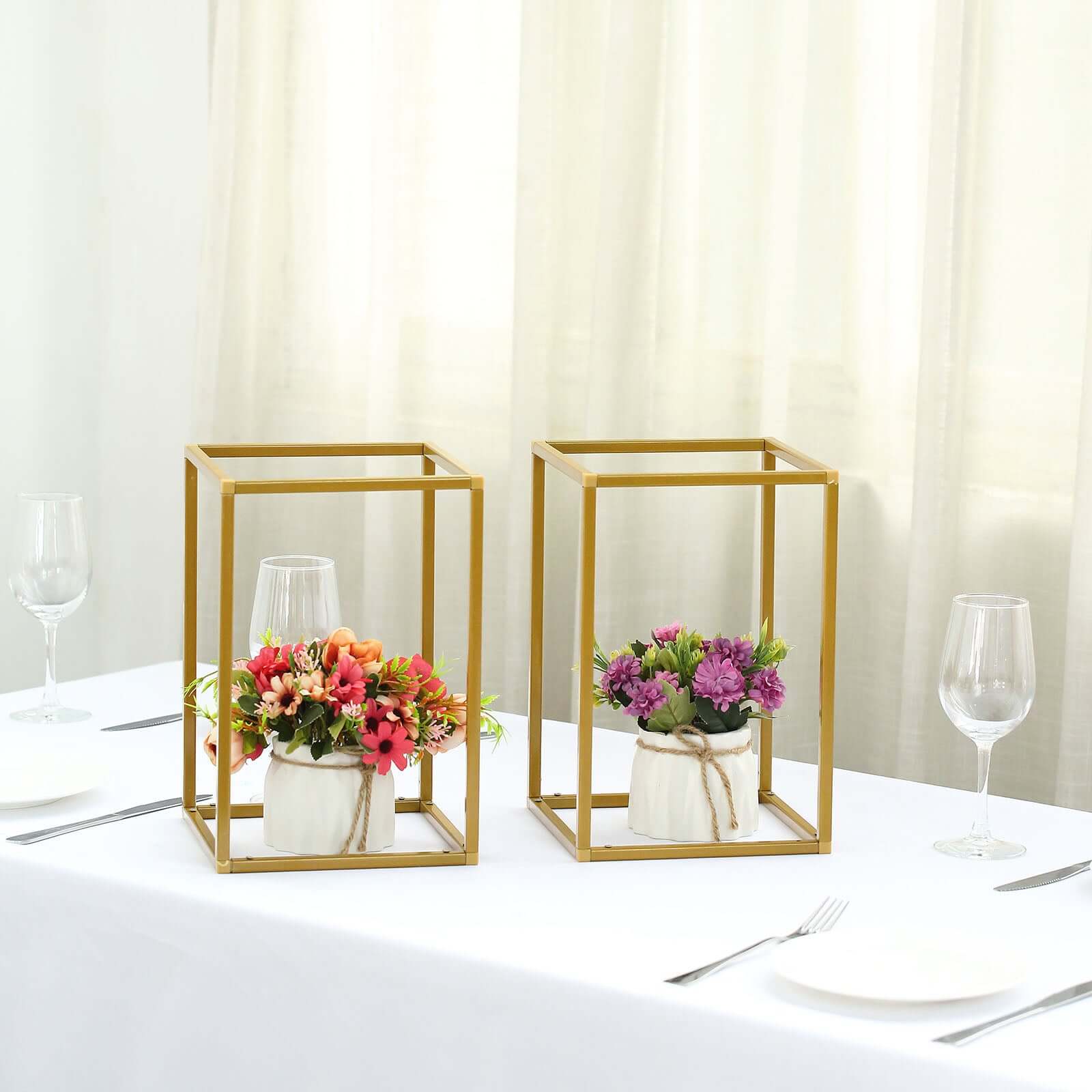 2 Pack Rectangular Gold Metal Wedding Flower Stand, Geometric Column Frame Centerpiece 12