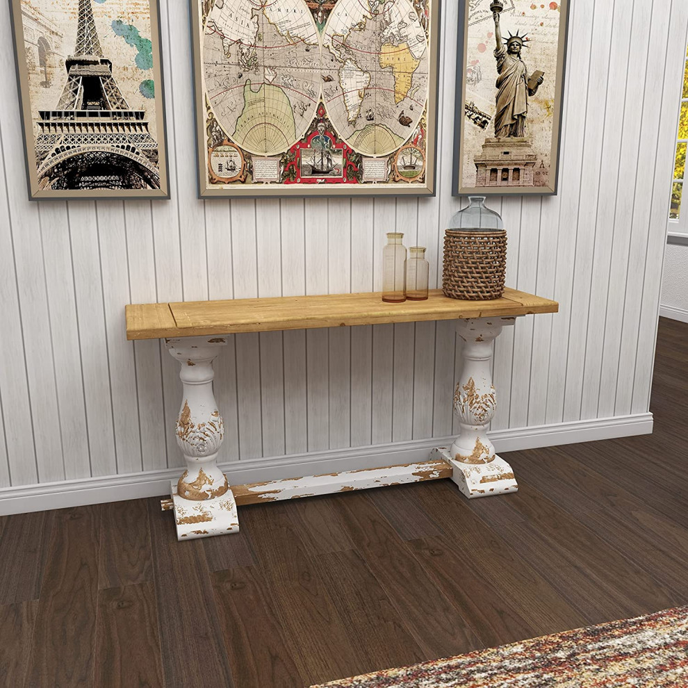 Narrow Console Table  Double Carved Column Base With Natural Brown Fir Wood Top   Farmhouse   Console Tables   by Decorn  Houzz