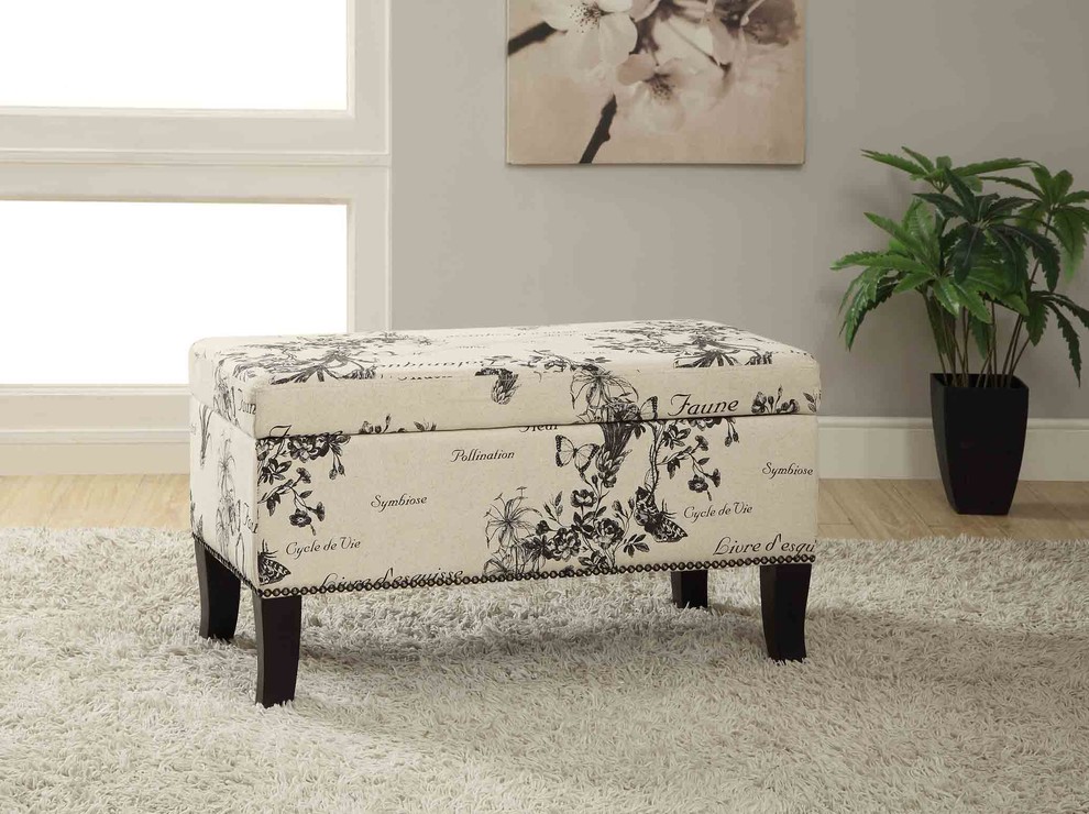 Stephanie Ottoman Botanical Linen  32W X 16D X 18H  Black   Transitional   Footstools And Ottomans   by Linon Home Decor Products  Houzz