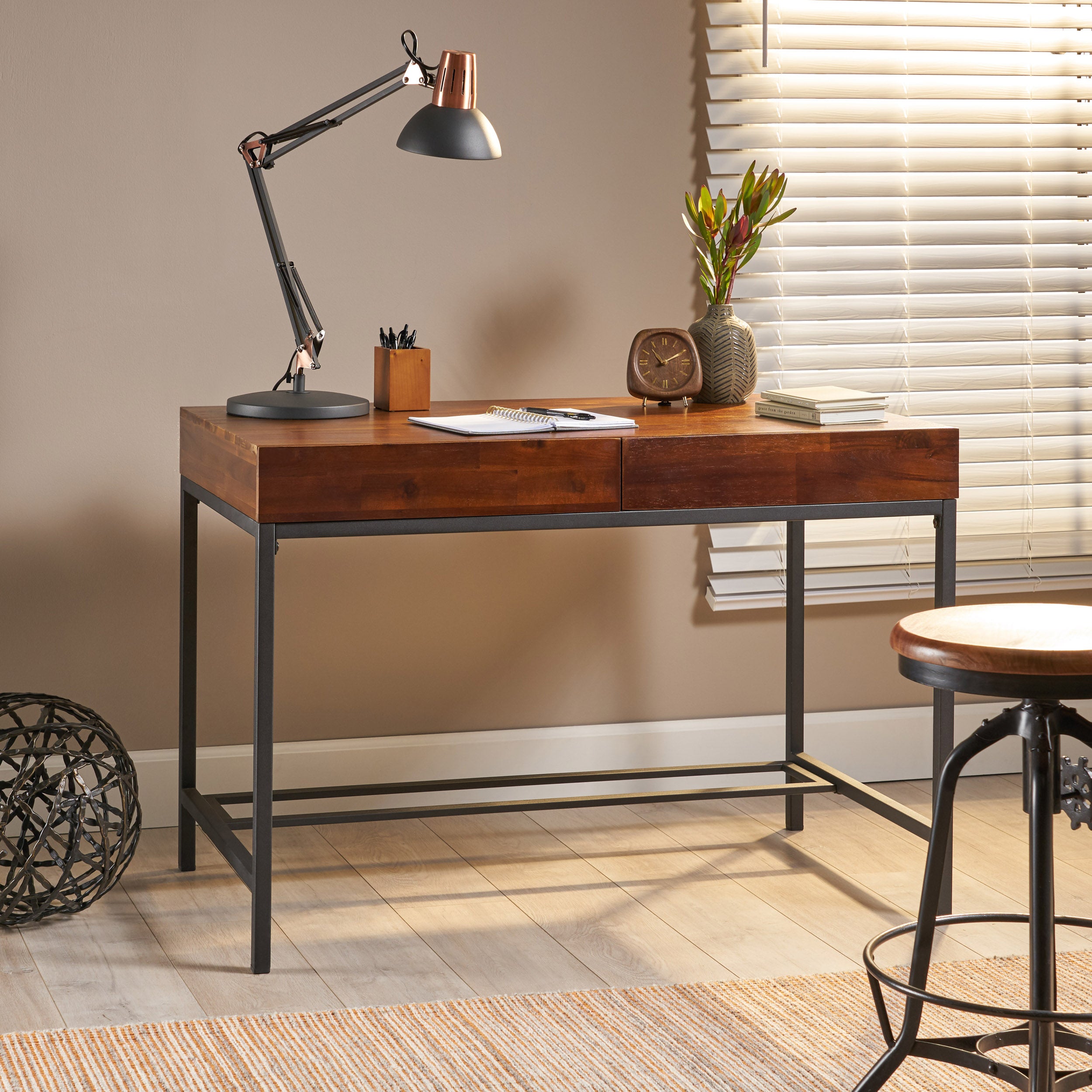 Elrod Industrial Dark Oak Acacia Wood Storage Desk with Rustic Metal Iron Accent