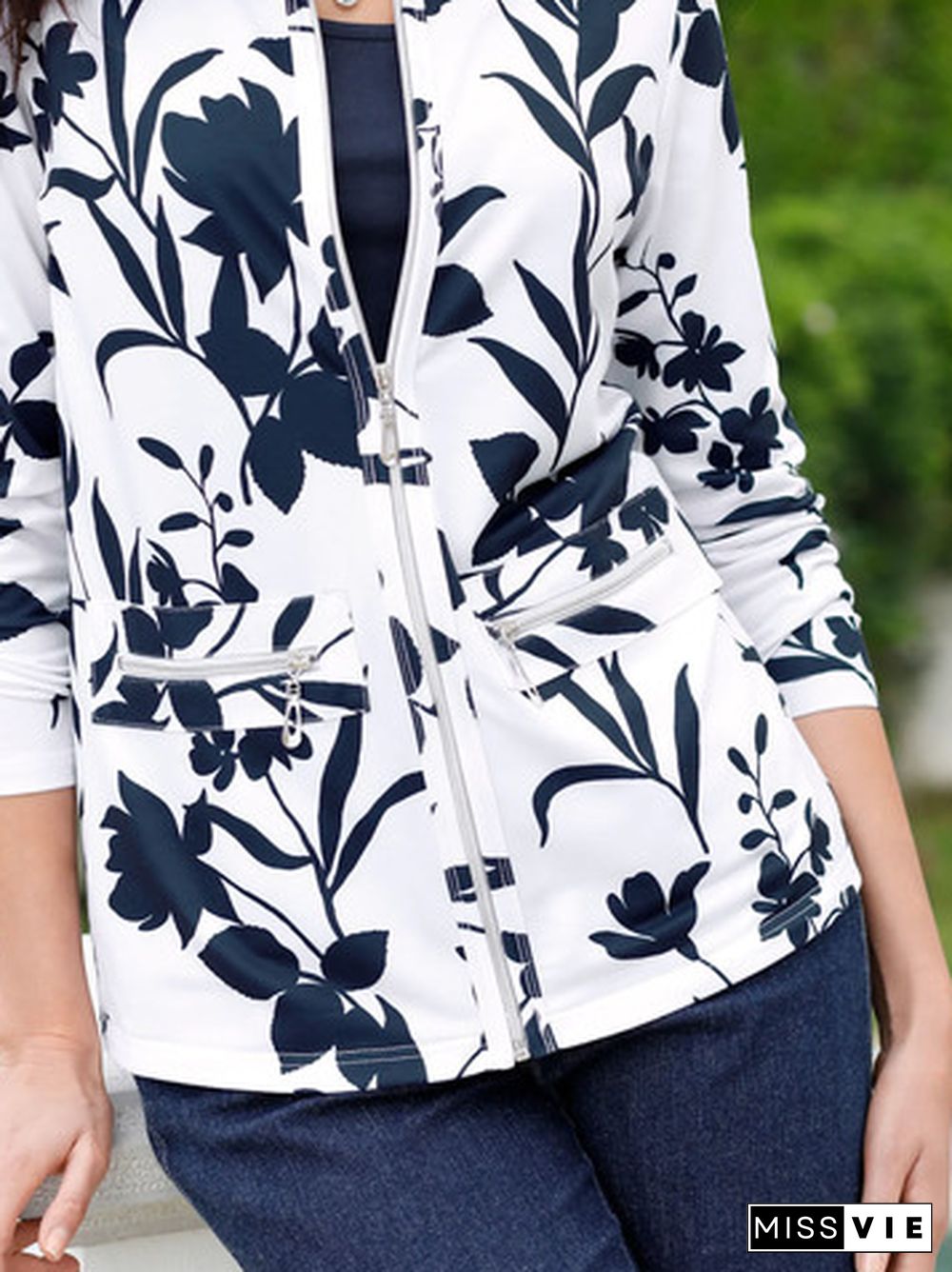 Floral Printed Shawl Collar Loose Splicing Zipper Jacket