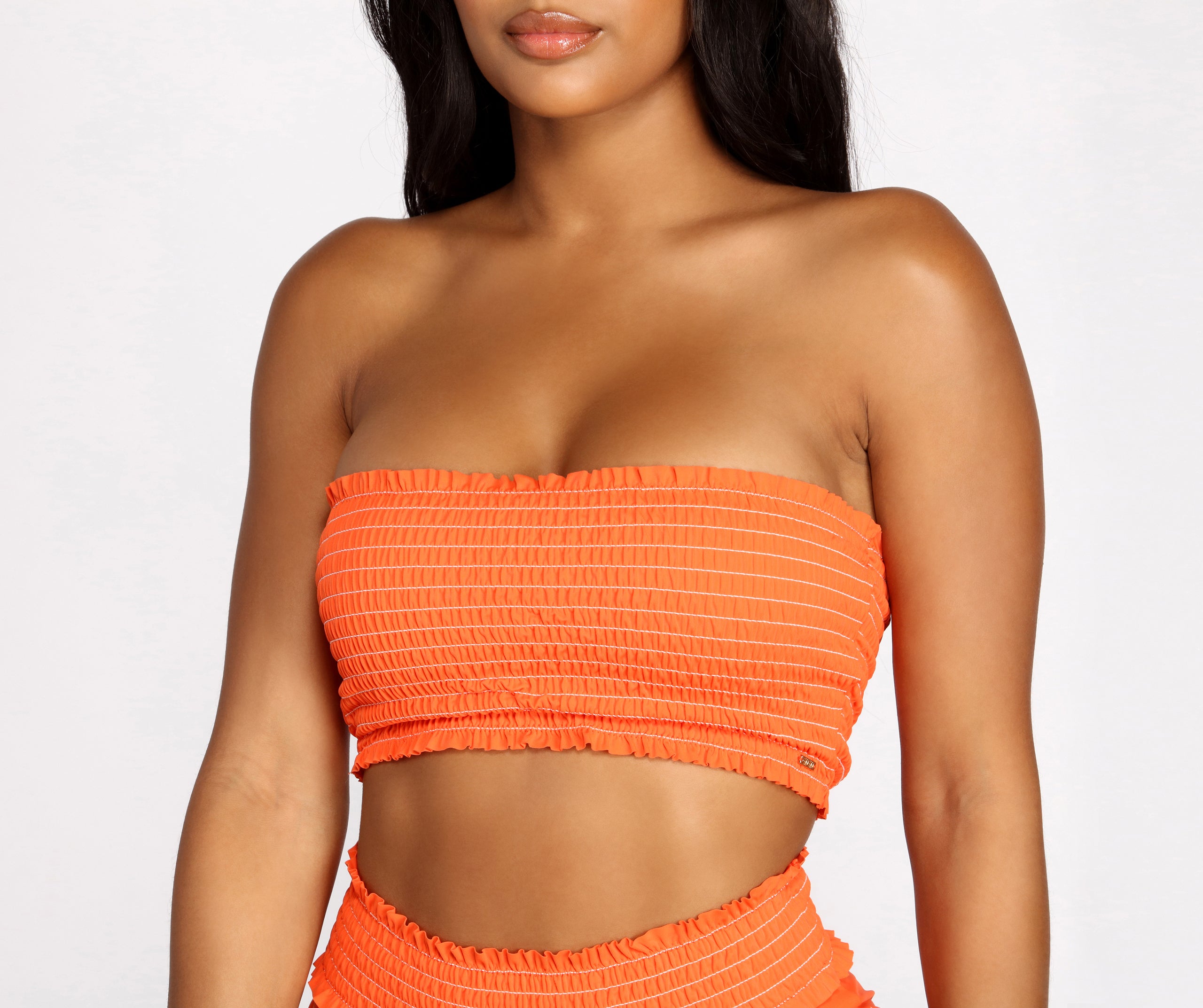 Oceanside Forever Smocked Coral Bandeau Swim Top