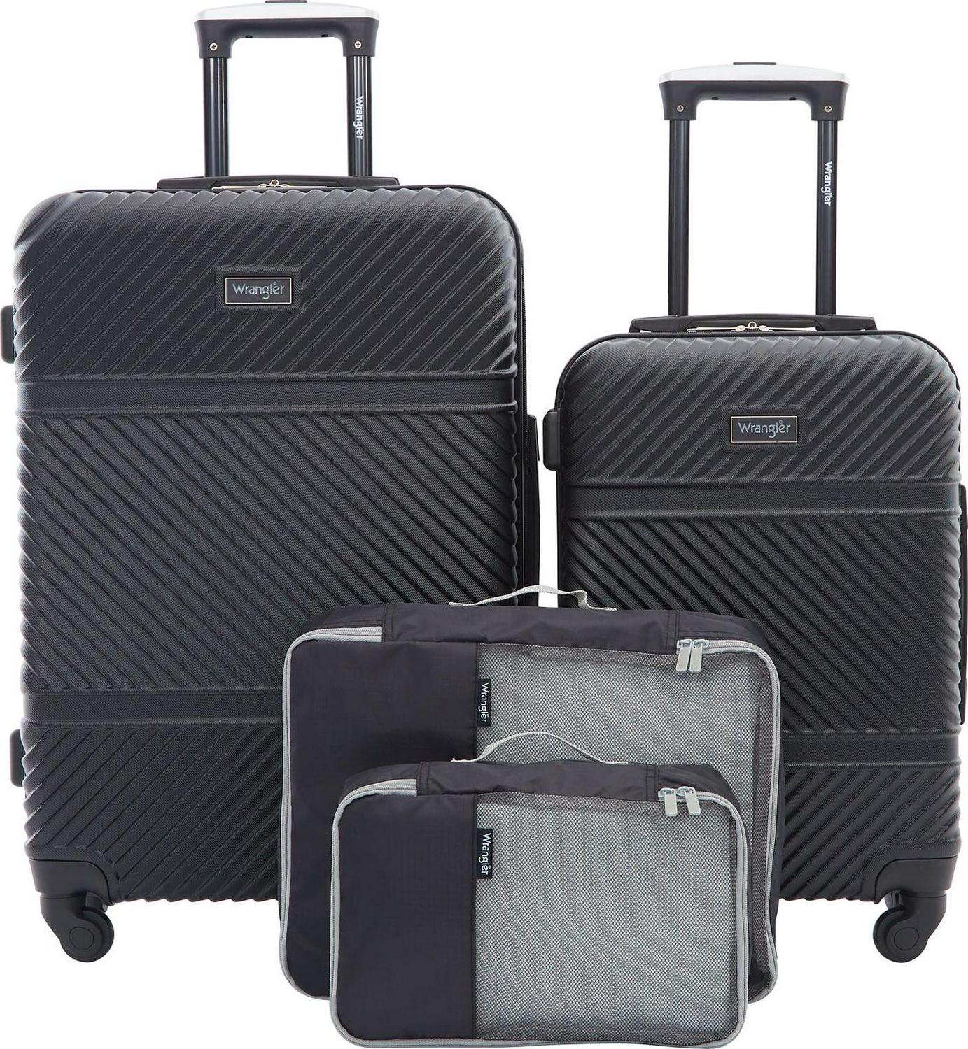 Wrangler 4 Pc Hardside Spinner Luggage Set with 20 and 25 Suitcases and Packing Cubes， Black