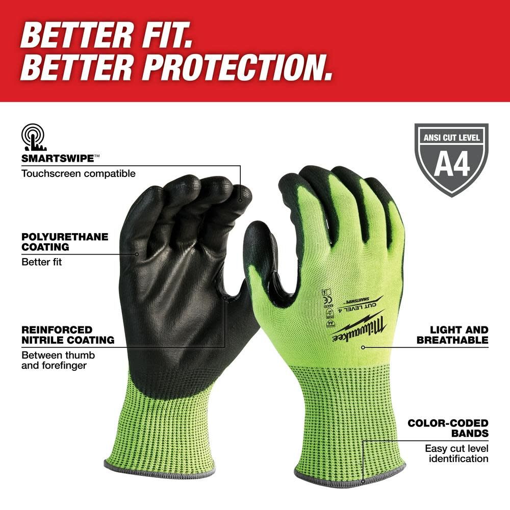 MW Cut Level 4 Gloves Hi Vis Polyurethane Dipped 48-73-8940M910 from MW