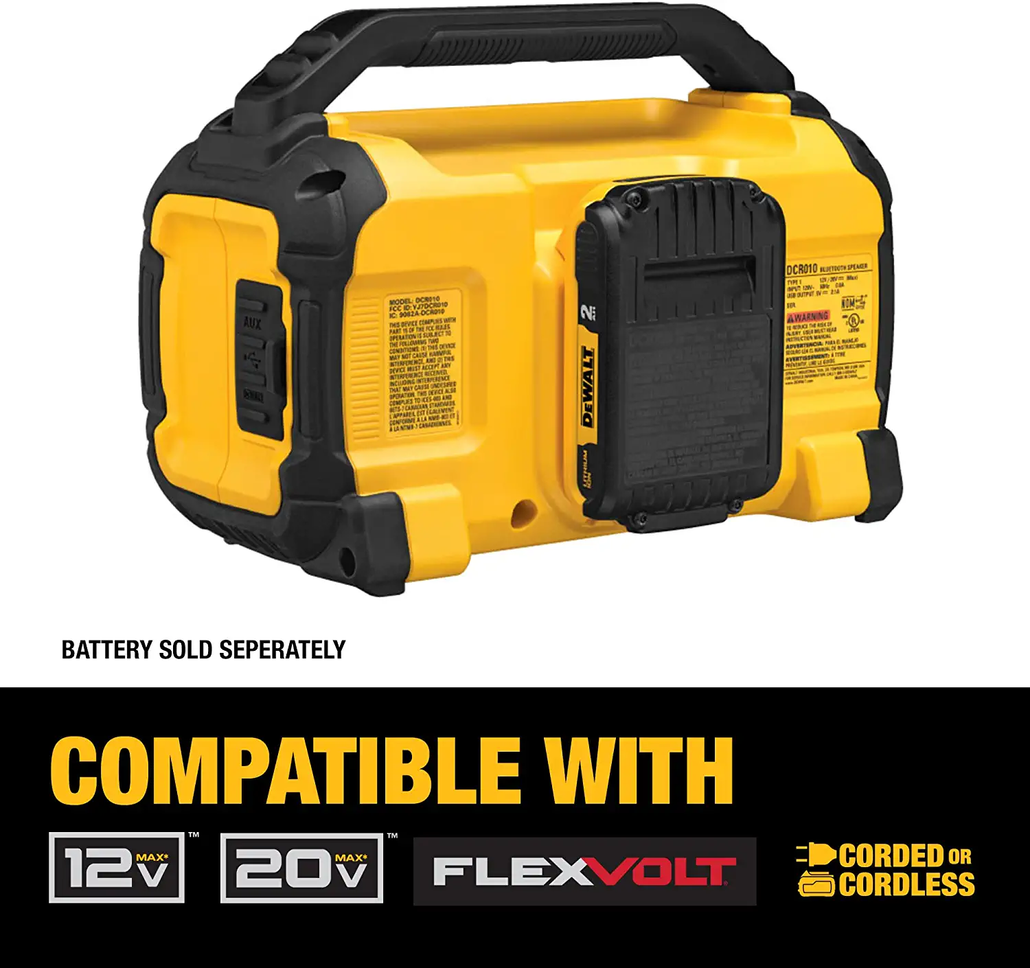 DEWALT DCR010 12-Volt or 20-Volt Max Cordless Jobsite Bluetooth Speaker