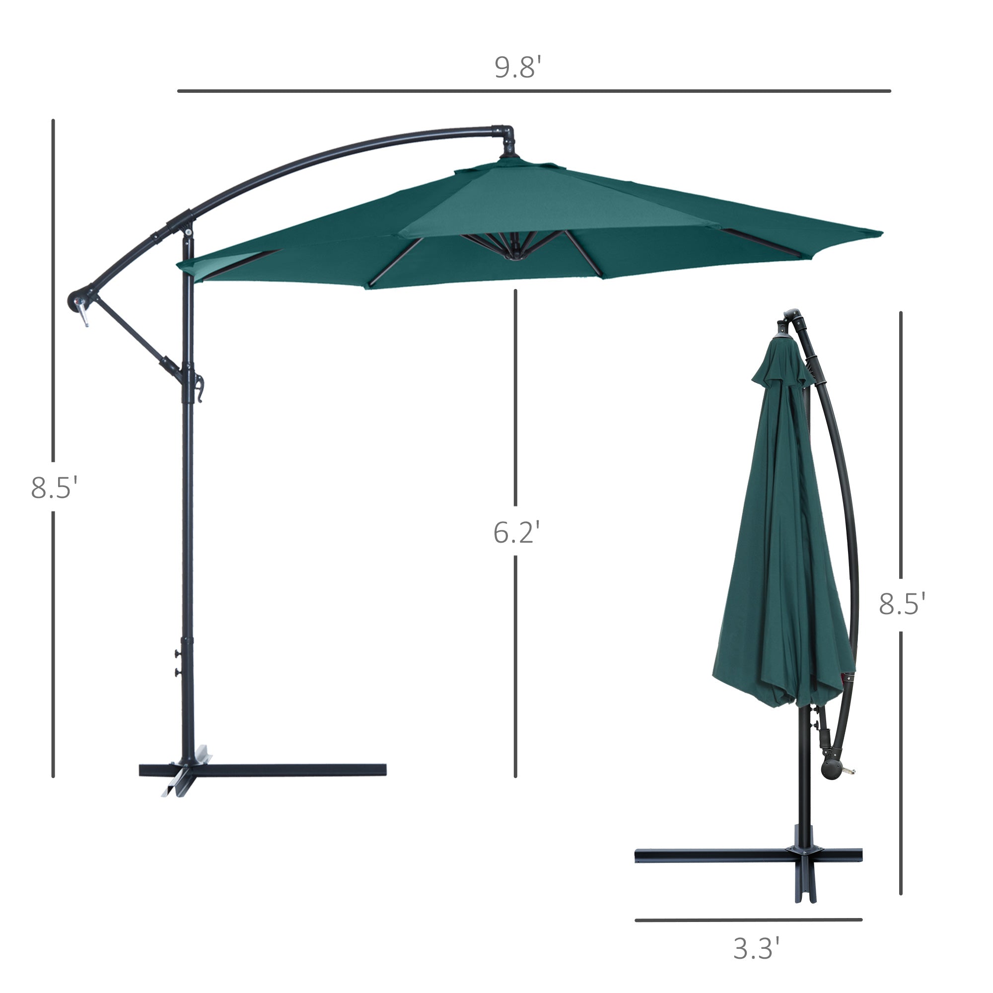 Outsunny 10' Cantilever Hanging Tilt Offset Patio Umbrella With Stand - Green