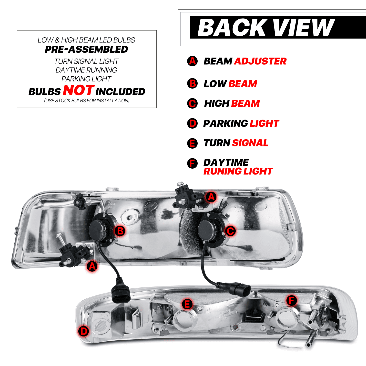 M-AUTO DRL LED Tube Headlight Assembly W/ 2 Pair Pre-Assembled 6000K LED Bulbs for 99-02 Chevy Silverado 1500HD 2500HD 3500HD / 00-06 Chevy Suburban 1500 2500 Tahoe