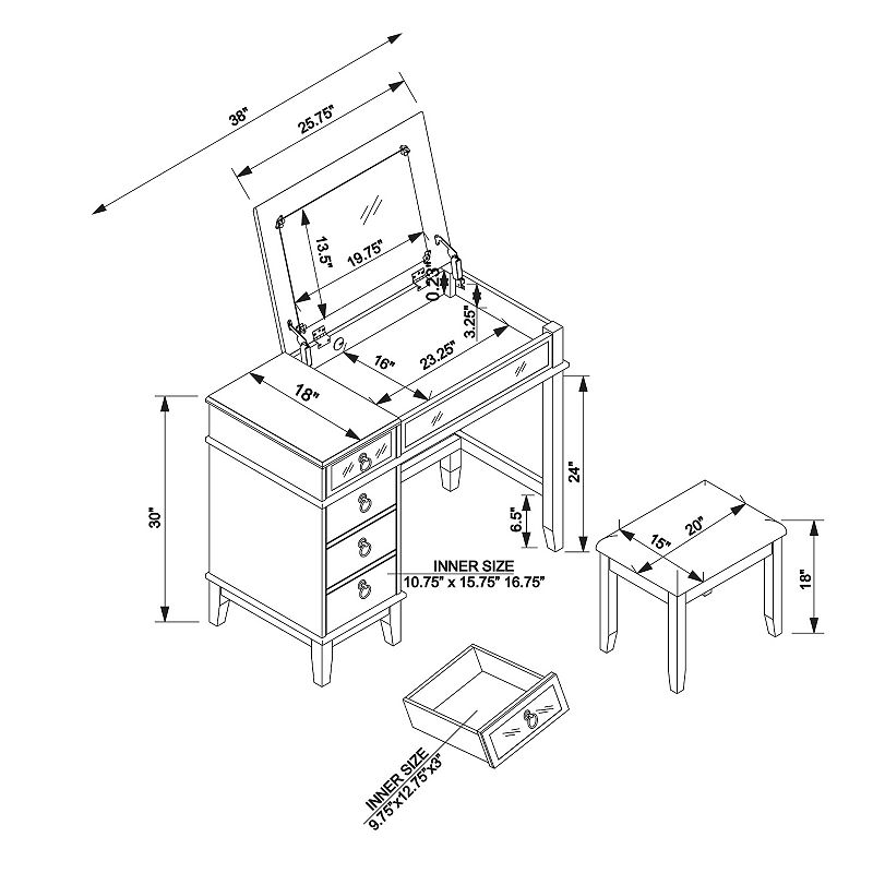 Linon Eva Vanity Table and Stool 2-piece Set