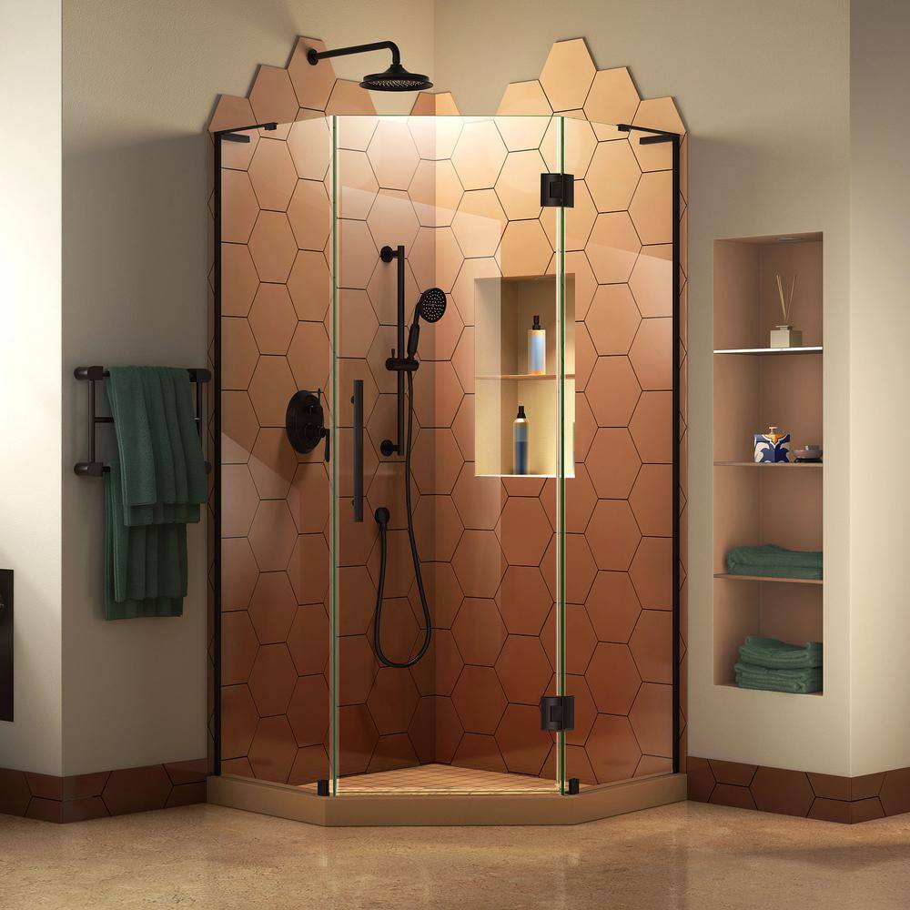 DreamLine Prism Plus 40 in. D x 40 in. W x 72 in. H Semi-Frameless Neo-Angle Hinged Shower Enclosure in Satin Black SHEN-2640400-09