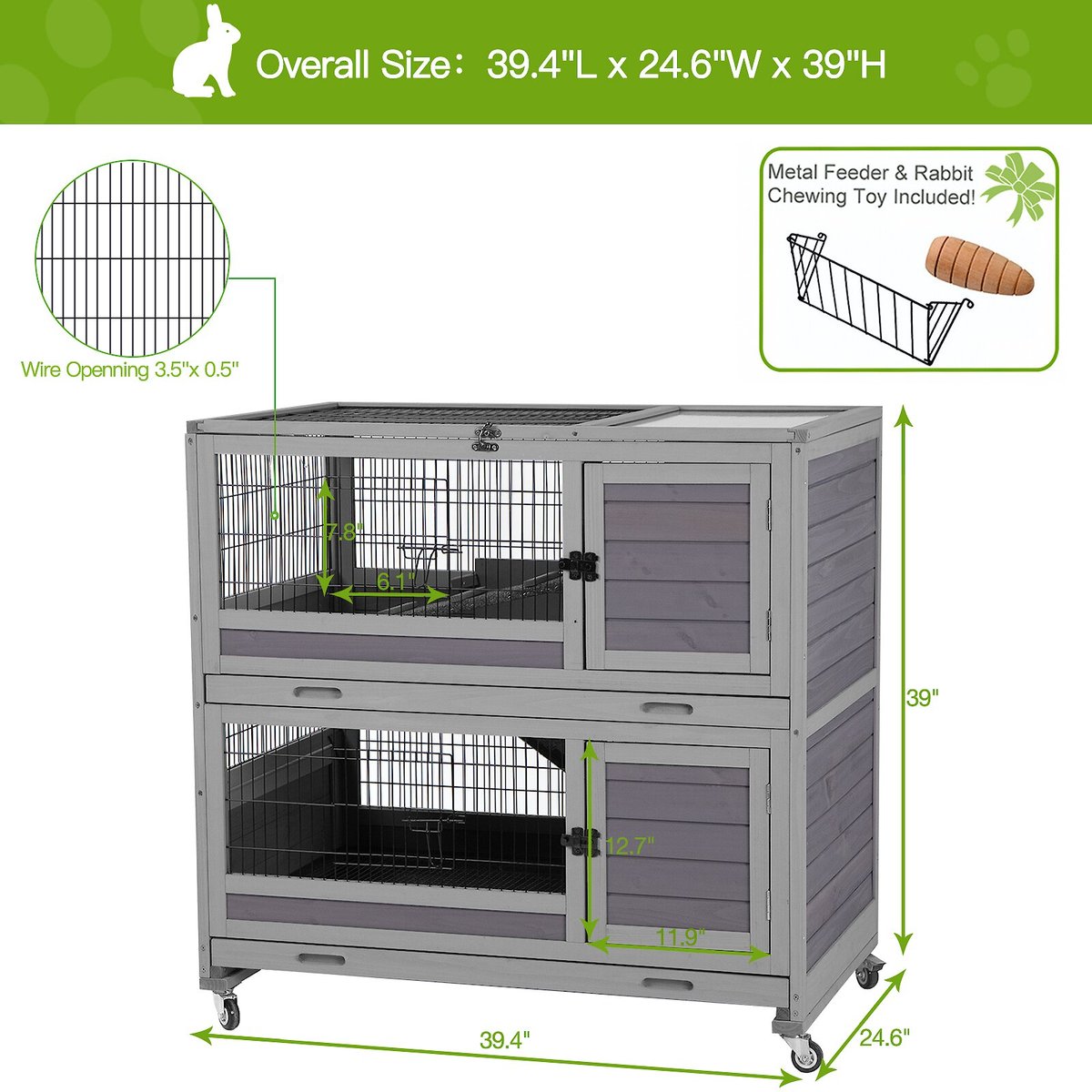 Aivituvin 39-in Indoor and Outdoor Wheeled Rabbit Cage