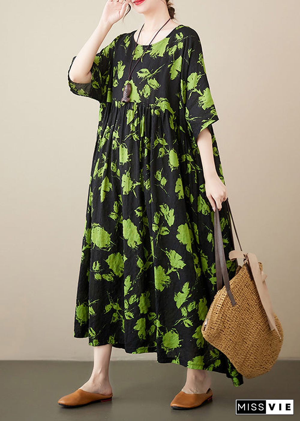 Loose Green Print Wrinkled Cotton Maxi Dresses Summer