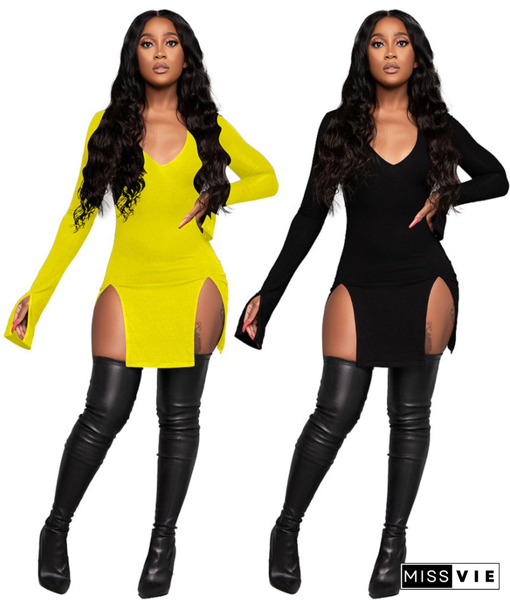 Solid V Neck Side Slit Long Sleeve Bodycon Dress