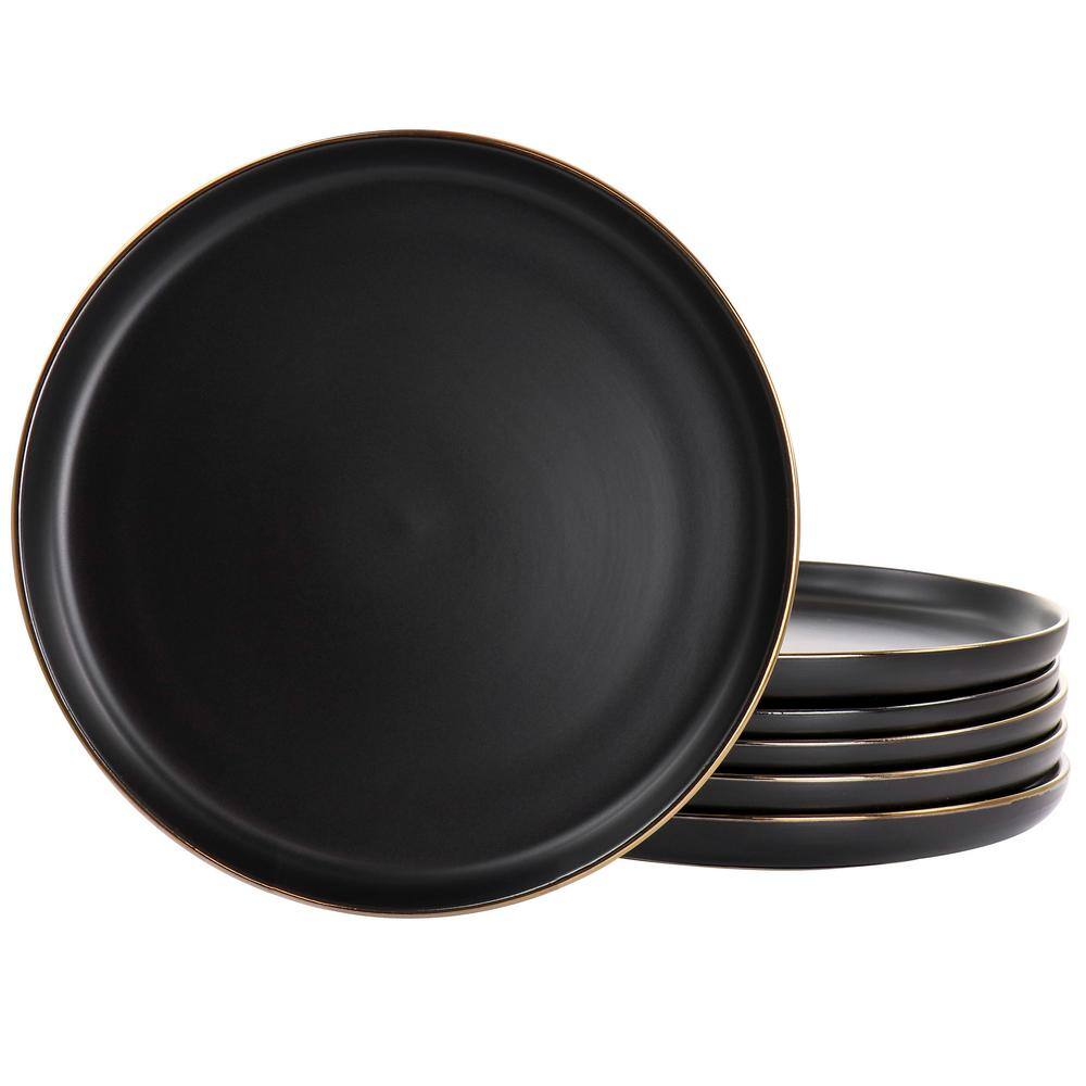 Elama Paul 6 Piece Stoneware Dinner Plate Set in Matte Black with Gold Rim 985116267M