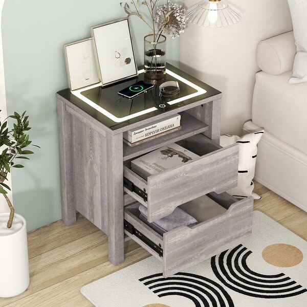 Nightstand with Wireless Charging Station and LED Lights， Modern End Side Table with 2 Drawers and Open Compartment for Bedroom - - 37244648