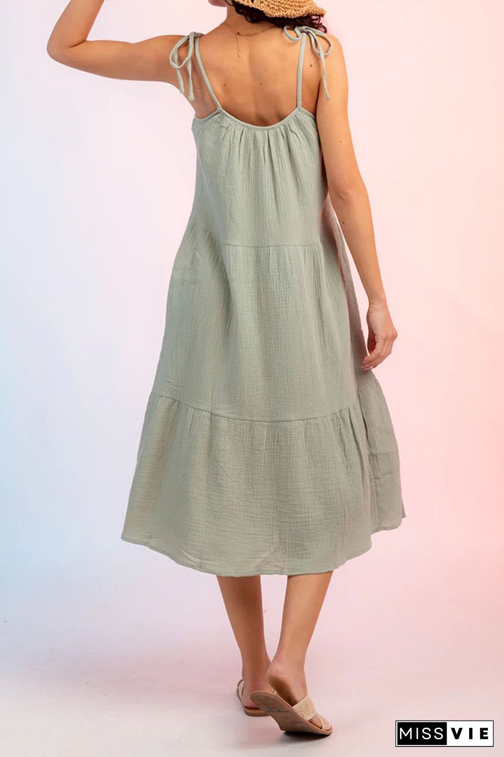 Plain Tie Cami Strap Tiered Midi Dress