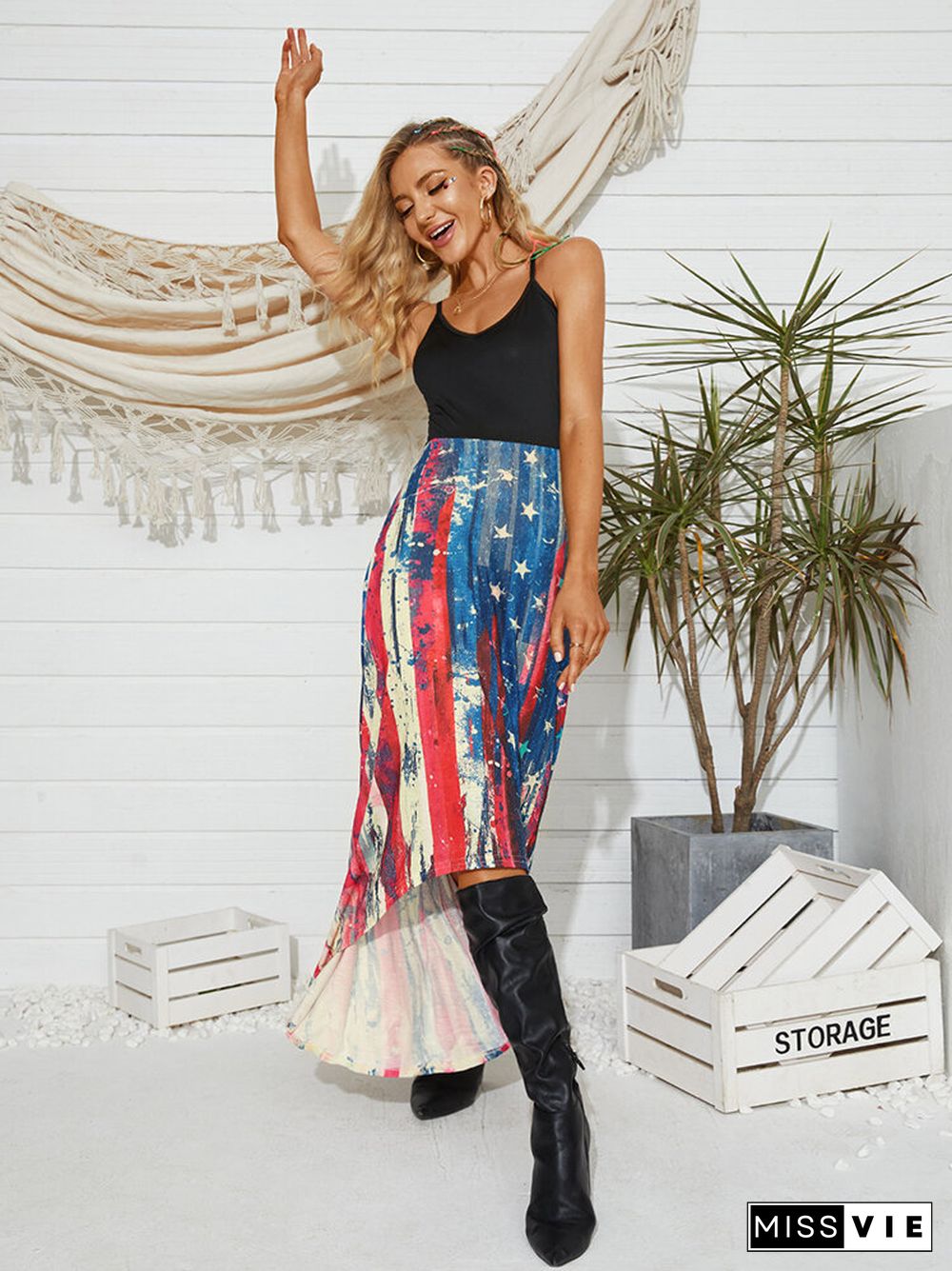 Flag Stars Stripe Print Off The Shoulder Backless Dress