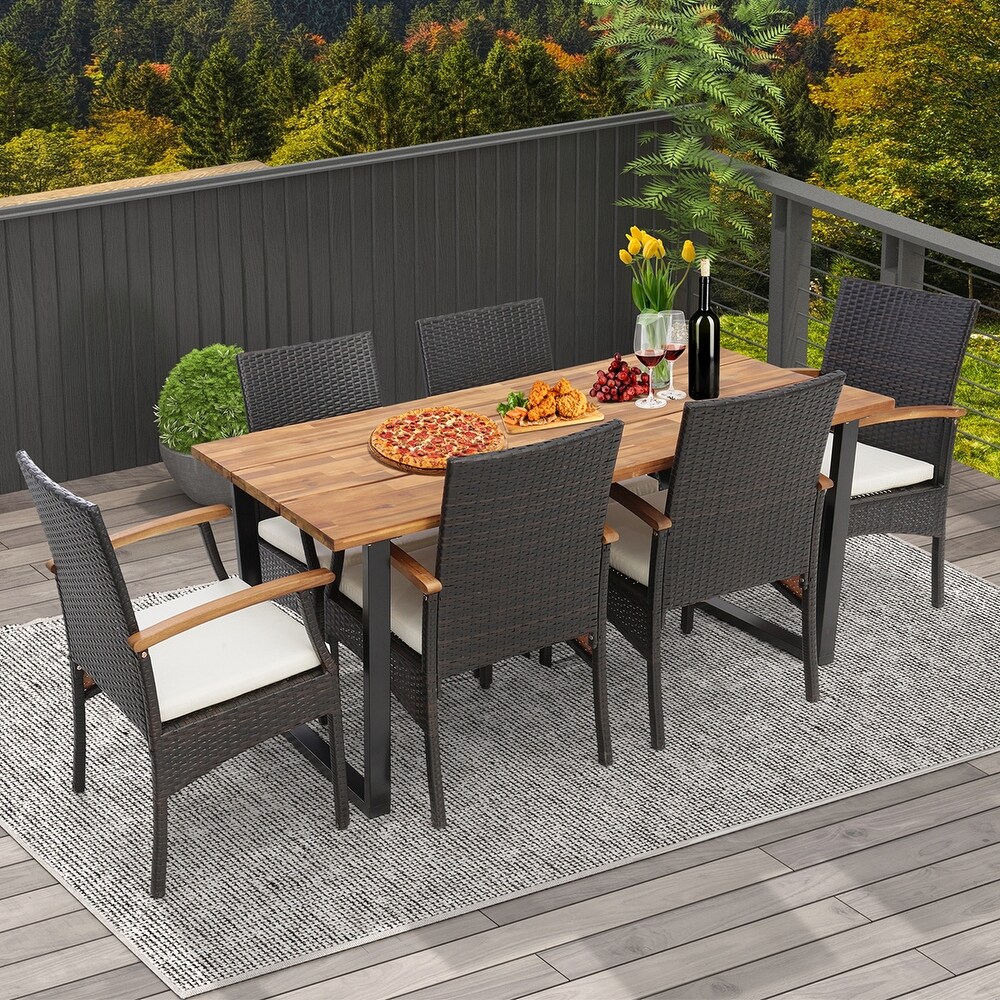 Costway 7 PCS Patio Rattan Dining Set Acacia Wood Table 6 Wicker   See Details