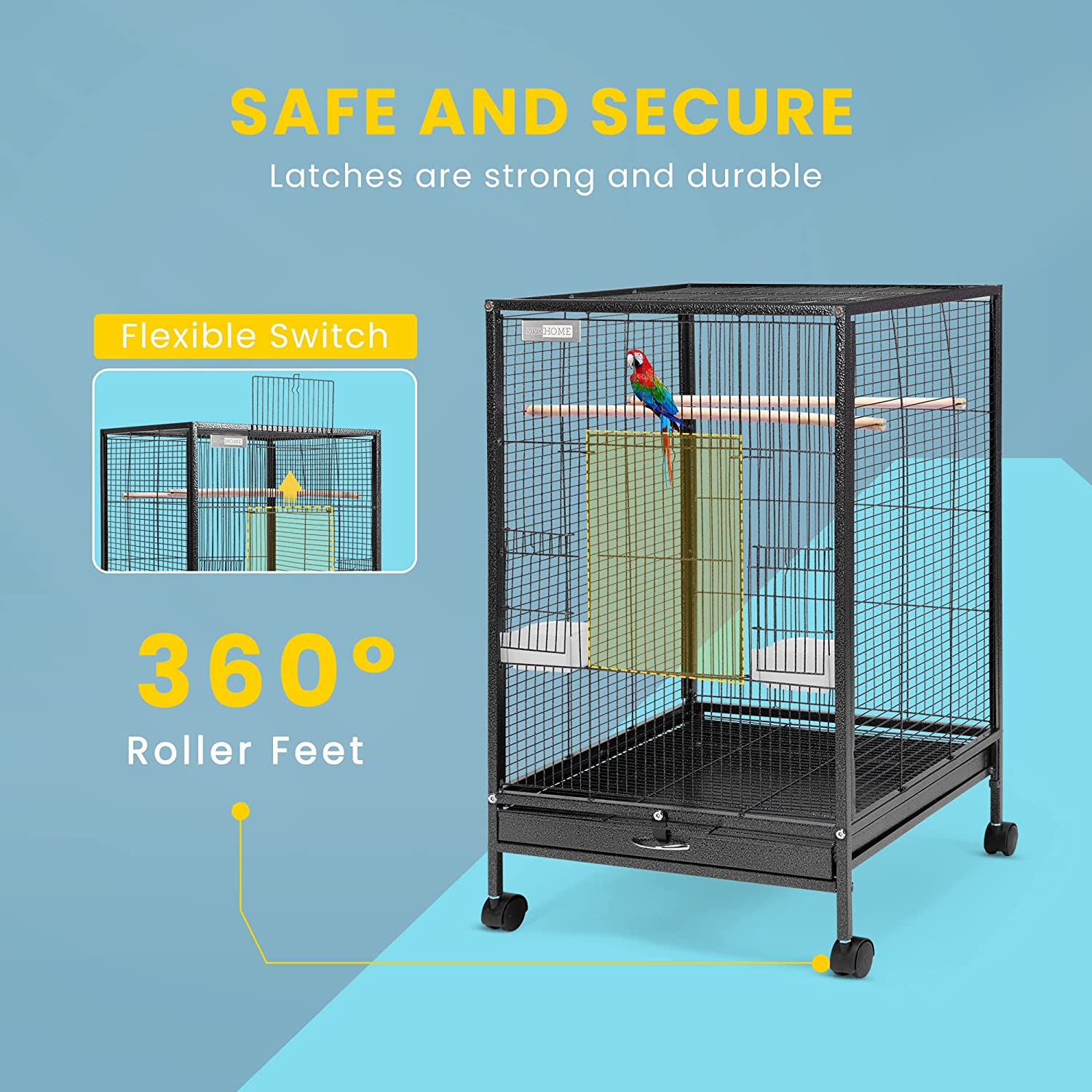 Vivohome Wrought Iron Bird Cage with Rolling Stand for Parrots， Lovebirds and Cockatiel， 30 Inch