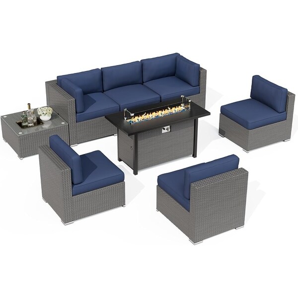 8Piece Outdoor Patio Furniture Grey Wicker Sectional Sofa Set with Fire Pit Table