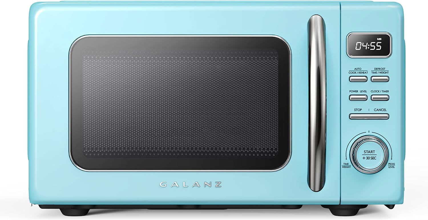 Galanz Retro Countertop Microwave Oven with Auto Cook & Reheat, Defrost, Quick Start Functions, Easy Clean with Glass Turntable, Pull Handle, .9 cu ft, Blue