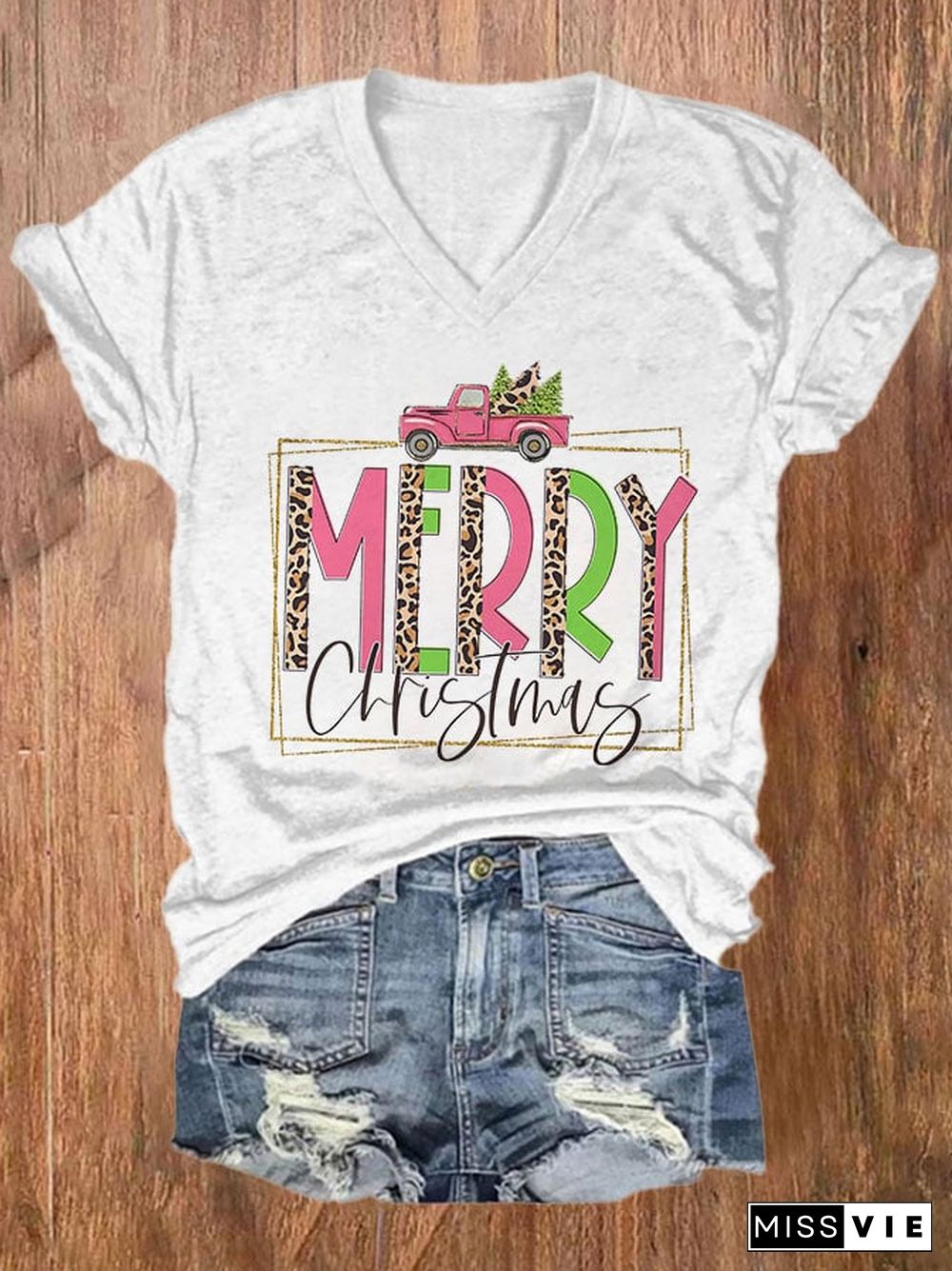 Women's Casual Merry Christmas Printed Short Sleeve T-Shirt