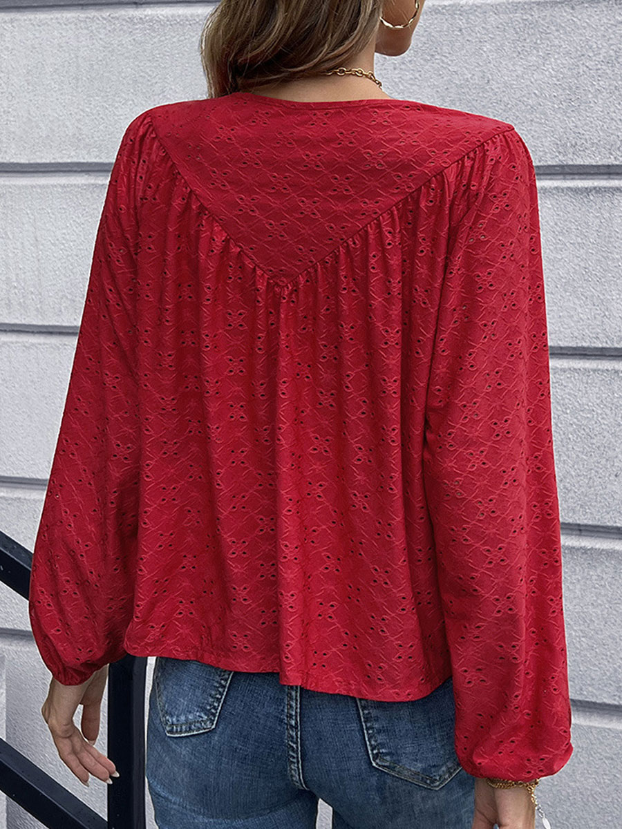 Round Neck Casual Loose Hollow Embroidered Long Sleeve Blouse