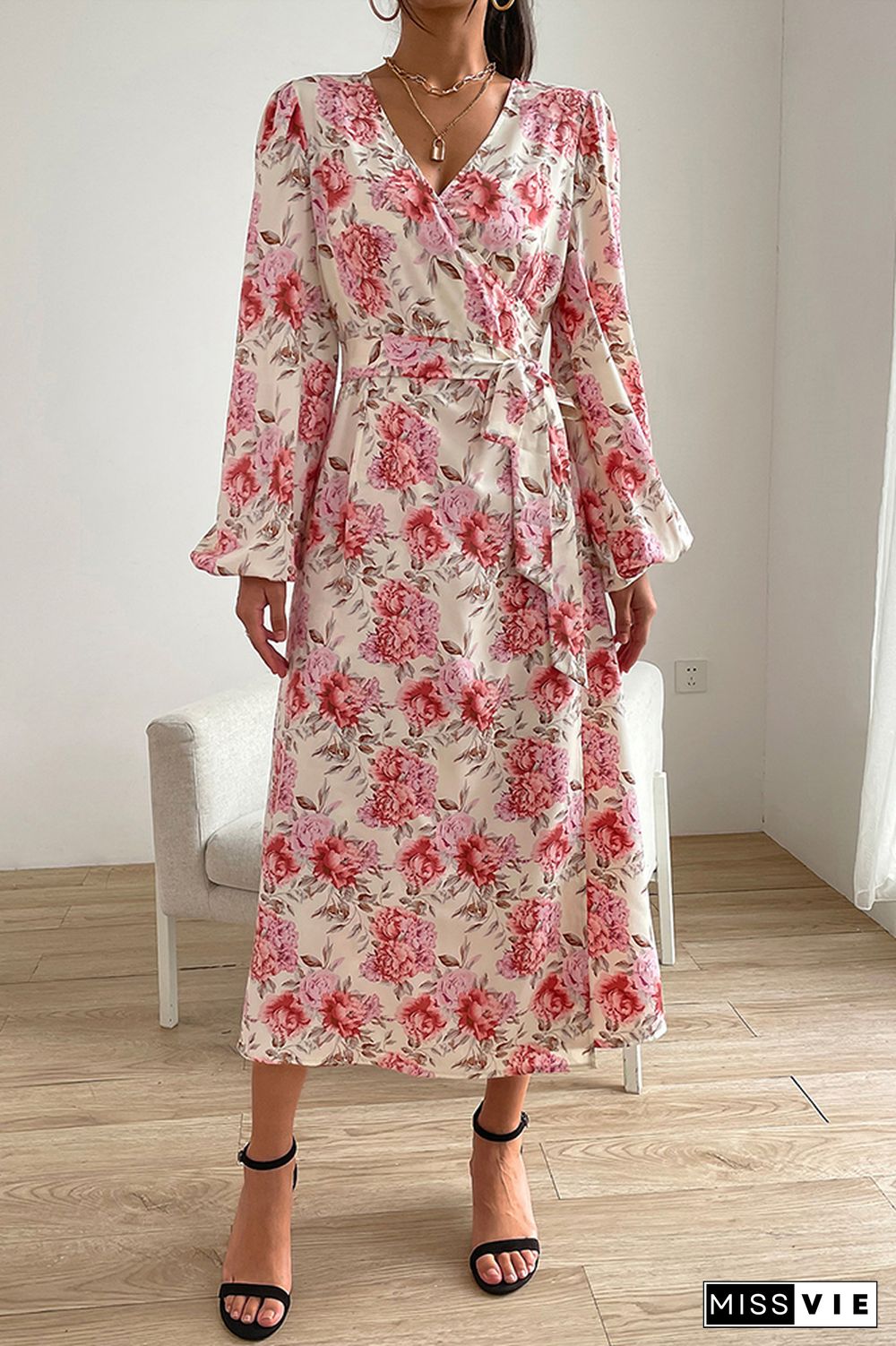 V Neck Puff Sleeve Waist Tie Knot Split Floral Dress