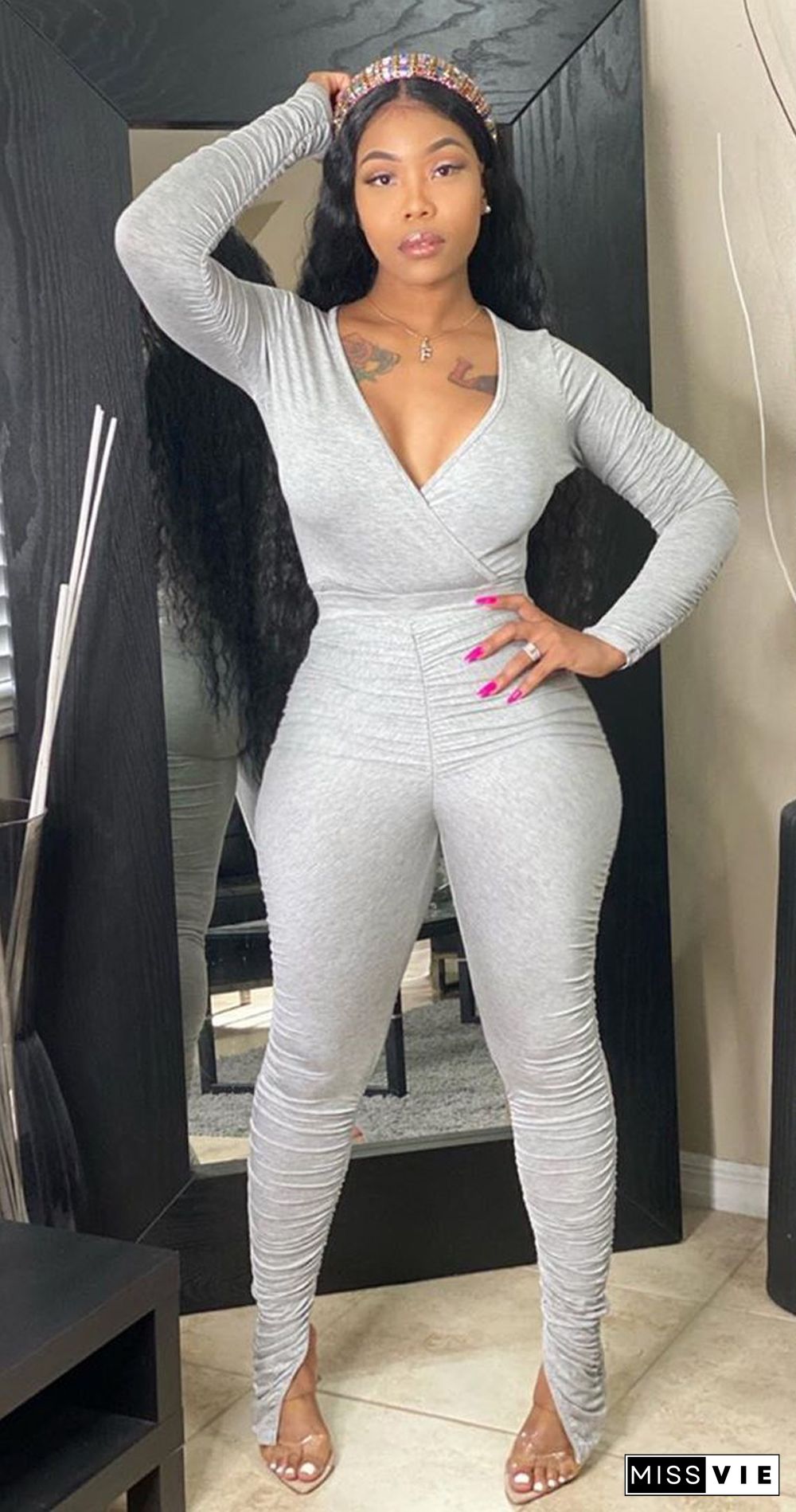 Casual V-neck Long Sleeve Elasticity Pleated Jumpsuit