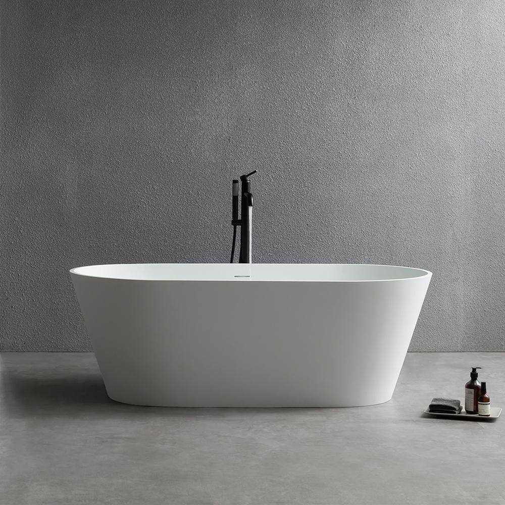 MEDUNJESS Maria 63 in. Stone Resin Solid Surface Matte Flatbottom Freestanding Bathtub in White FS304-1600